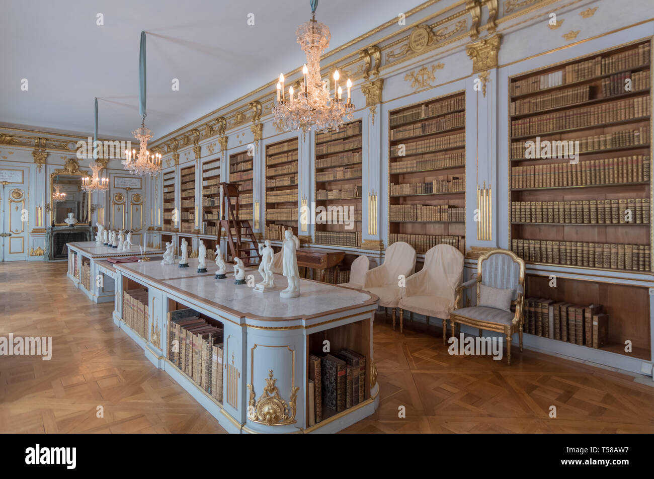 Lovisa Ulrika's Library in Drottningholm Palace replete with medallions, ornamentation, text panels, and alternating 3 crown and laurel monograms Stock Photo