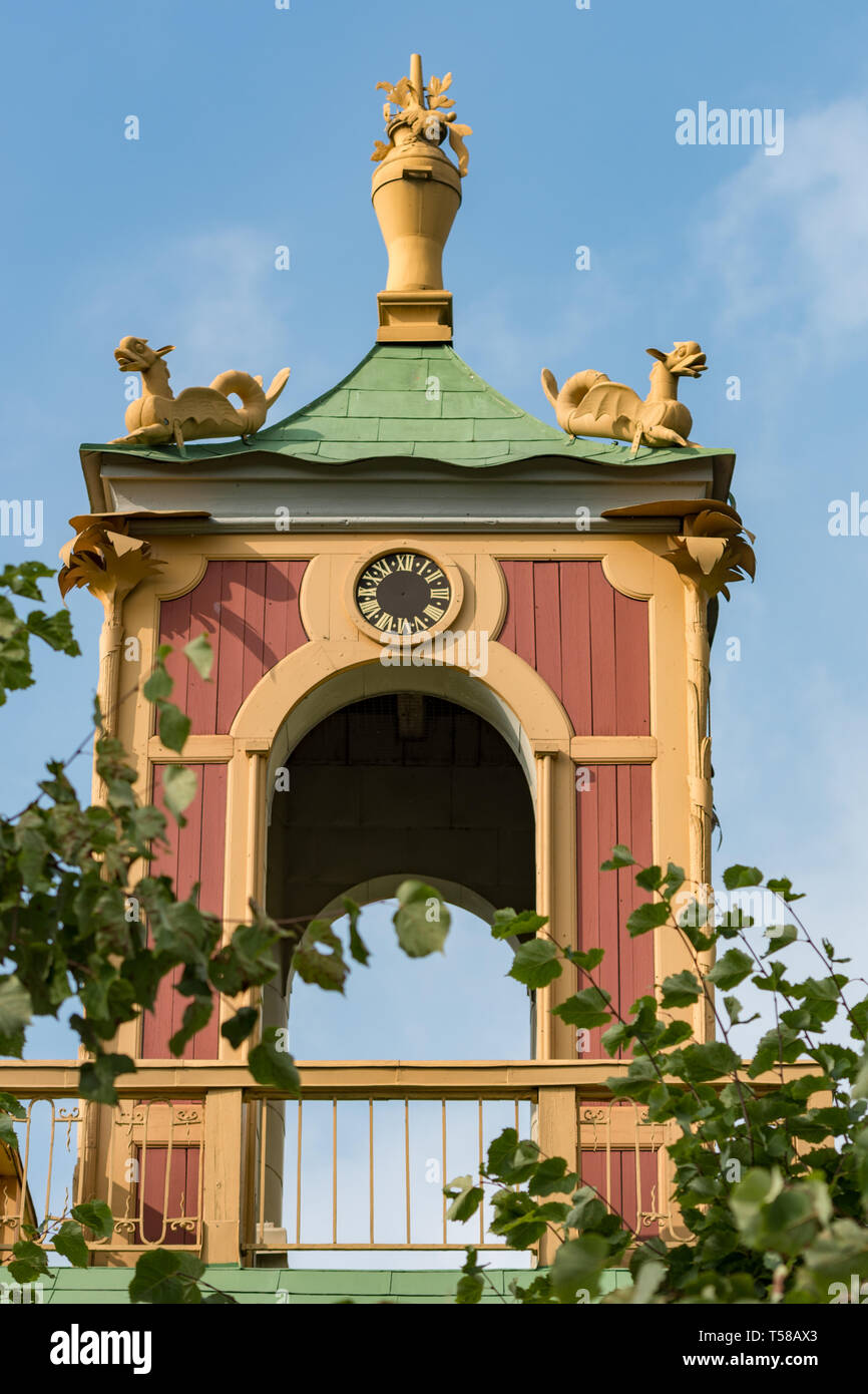 The tower and clock of the Confidance dining room at the Chinese Pavilion at Drottningholm royal palace in Stockholm. Stock Photo
