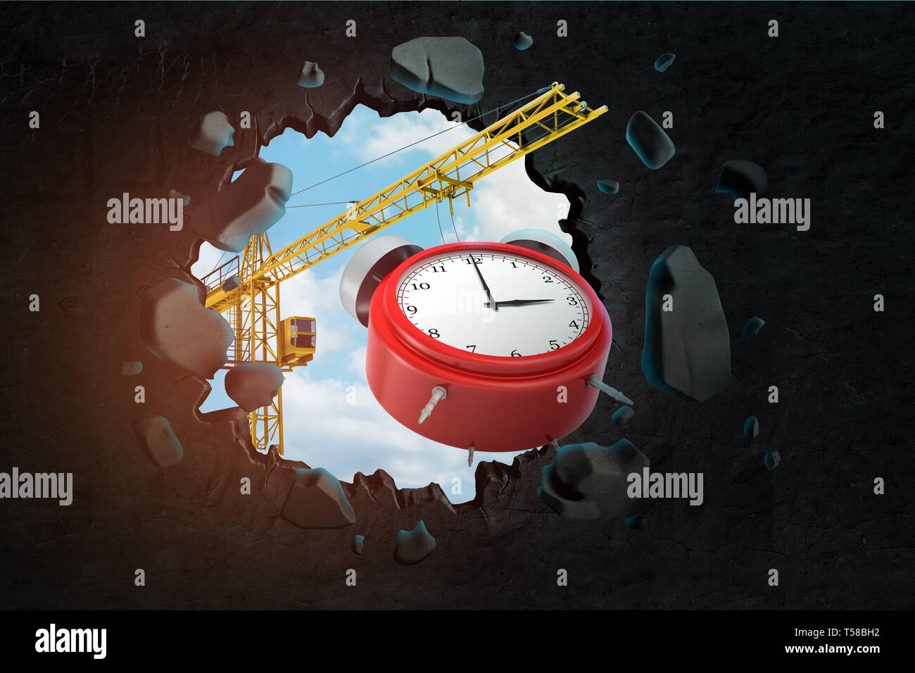 3d rendering of construction crane and red alarm clock breaking black wall Stock Photo