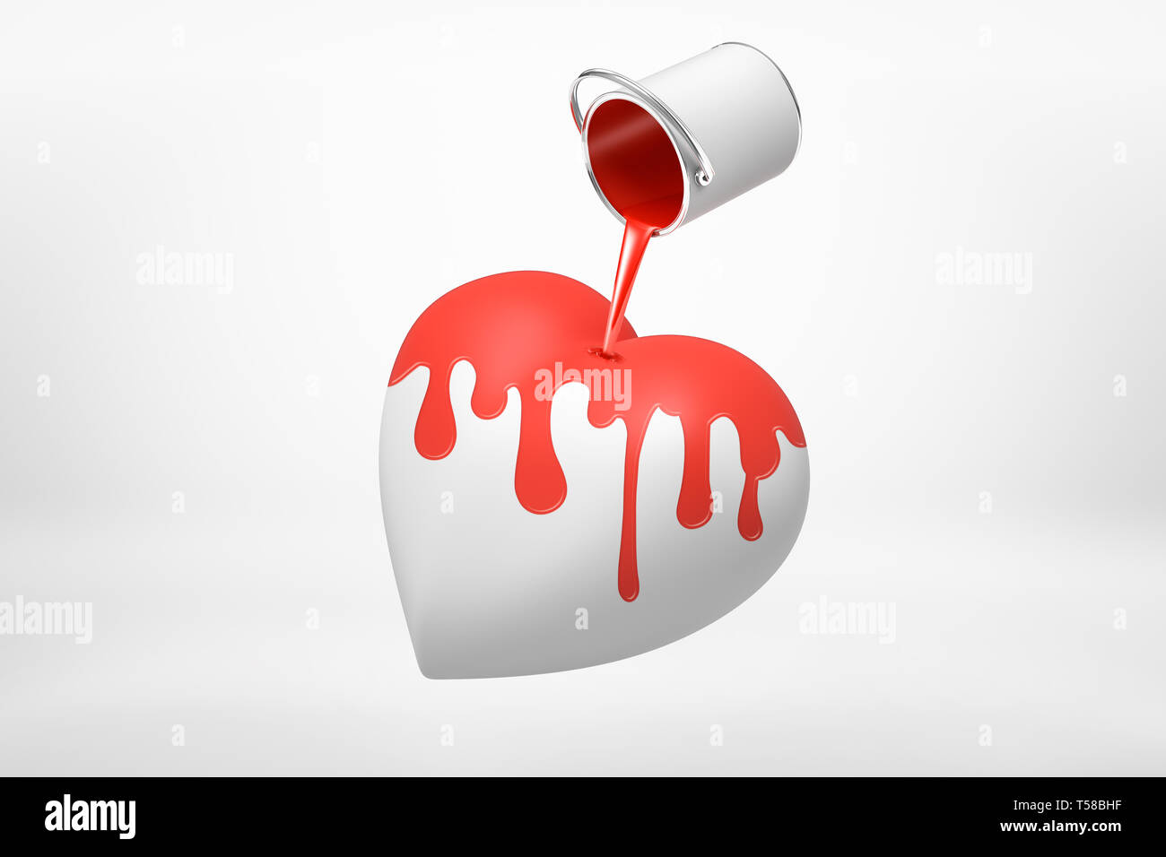 3d rendering of small silver paint bucket turned upside down with red paint pouring on big white heart isolated on white background Stock Photo