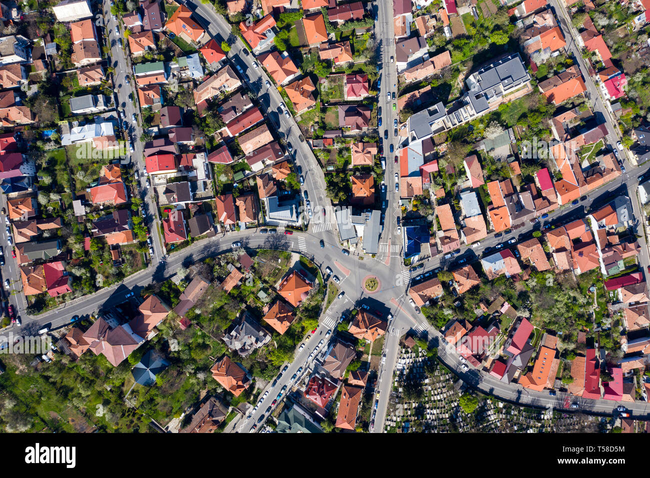 Aerial view of intersection of seven streets in old city from a drone ...