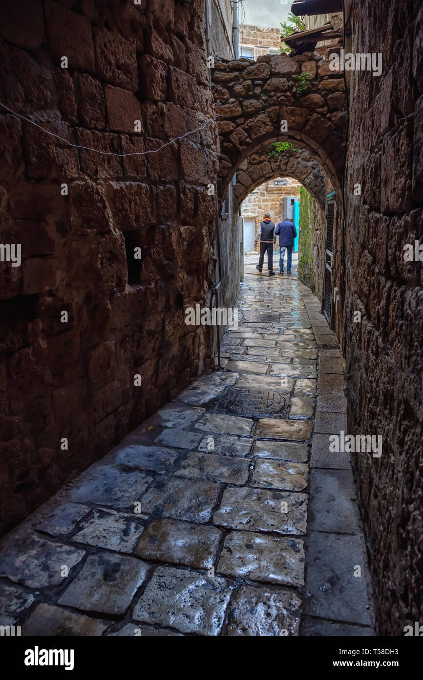 Dark and Narrow streets in the Old City of Akko. Taken in Acre, North District, Israel. Stock Photo