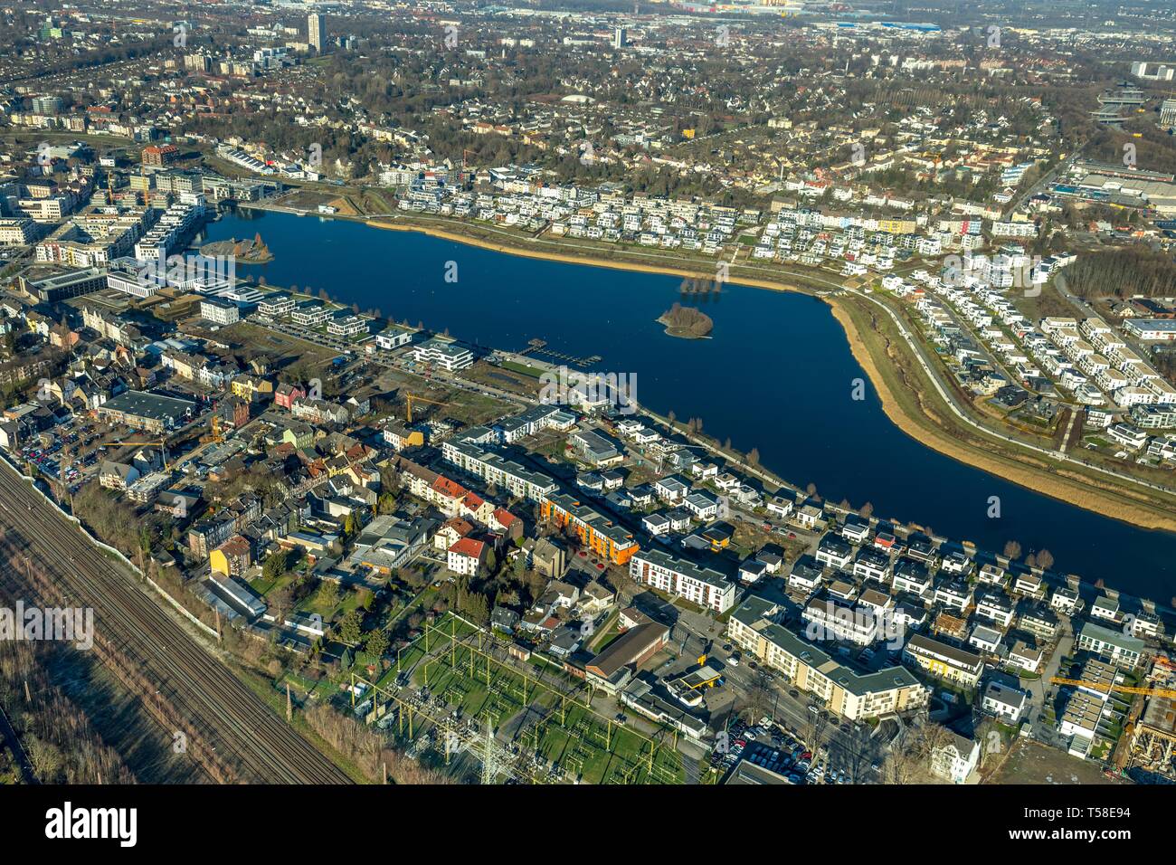 Aerial view, residential and recreational area, Lake Phoenix, Emscher, Dortmund, North Rhine-Westphalia, Germany Stock Photo