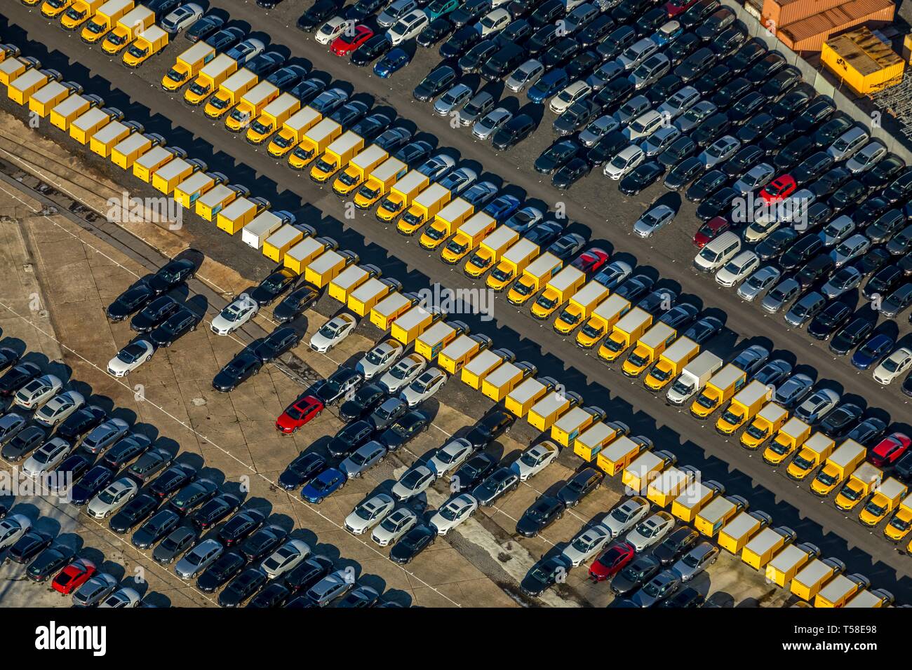 Aerial view, parking lot with electric cars, StreetScooter of Deutsche Post  and DHL, car series, Dortmund, North Rhine-Westphalia Stock Photo - Alamy