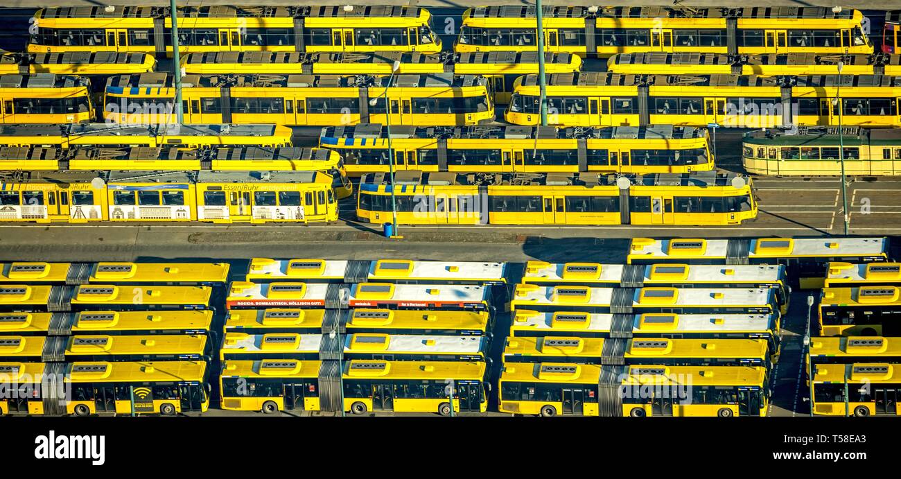 Aerial view, tram depot and bus depot, Essener Verkehrs AG, EVAG, parked vehicles in rows