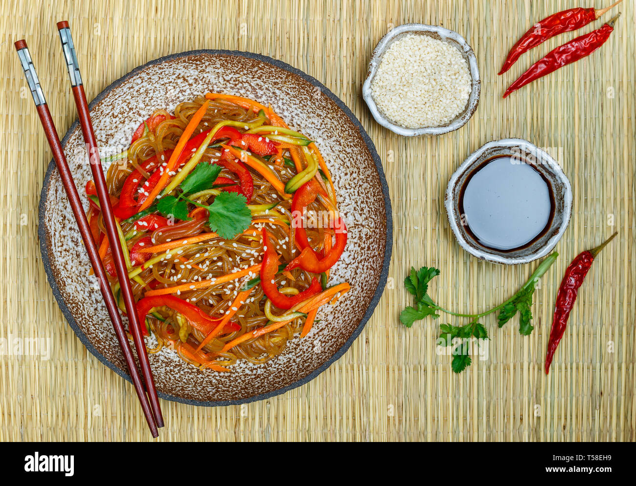 Starch (rice, potato) noodles with vegetables bell peppers, carrots