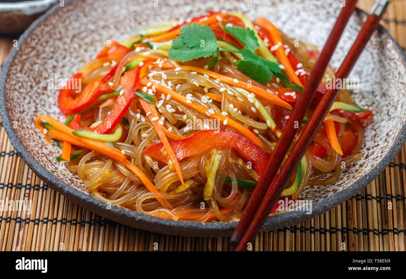 Starch (rice, potato) noodles with vegetables bell peppers, carrots