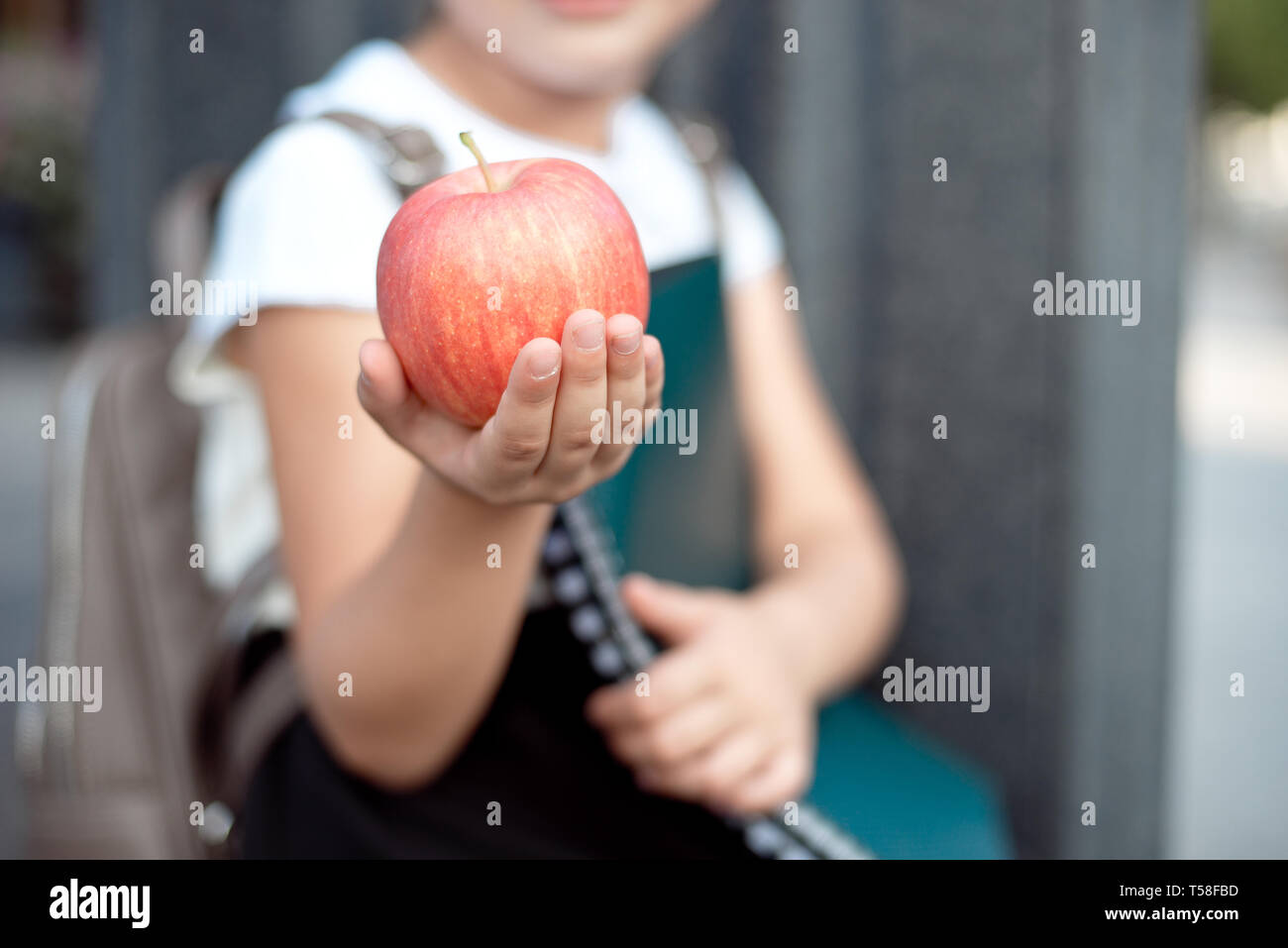 Happy little schoolgirl with blond hair in school uniform with lunch, book sits near school Stock Photo