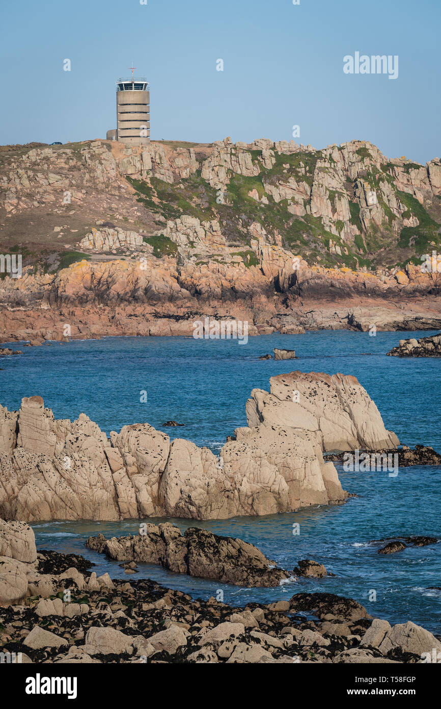 View of World War 2 German Fotified Observation Tower at La Corbiere, Jersey, Channel Isands Stock Photo