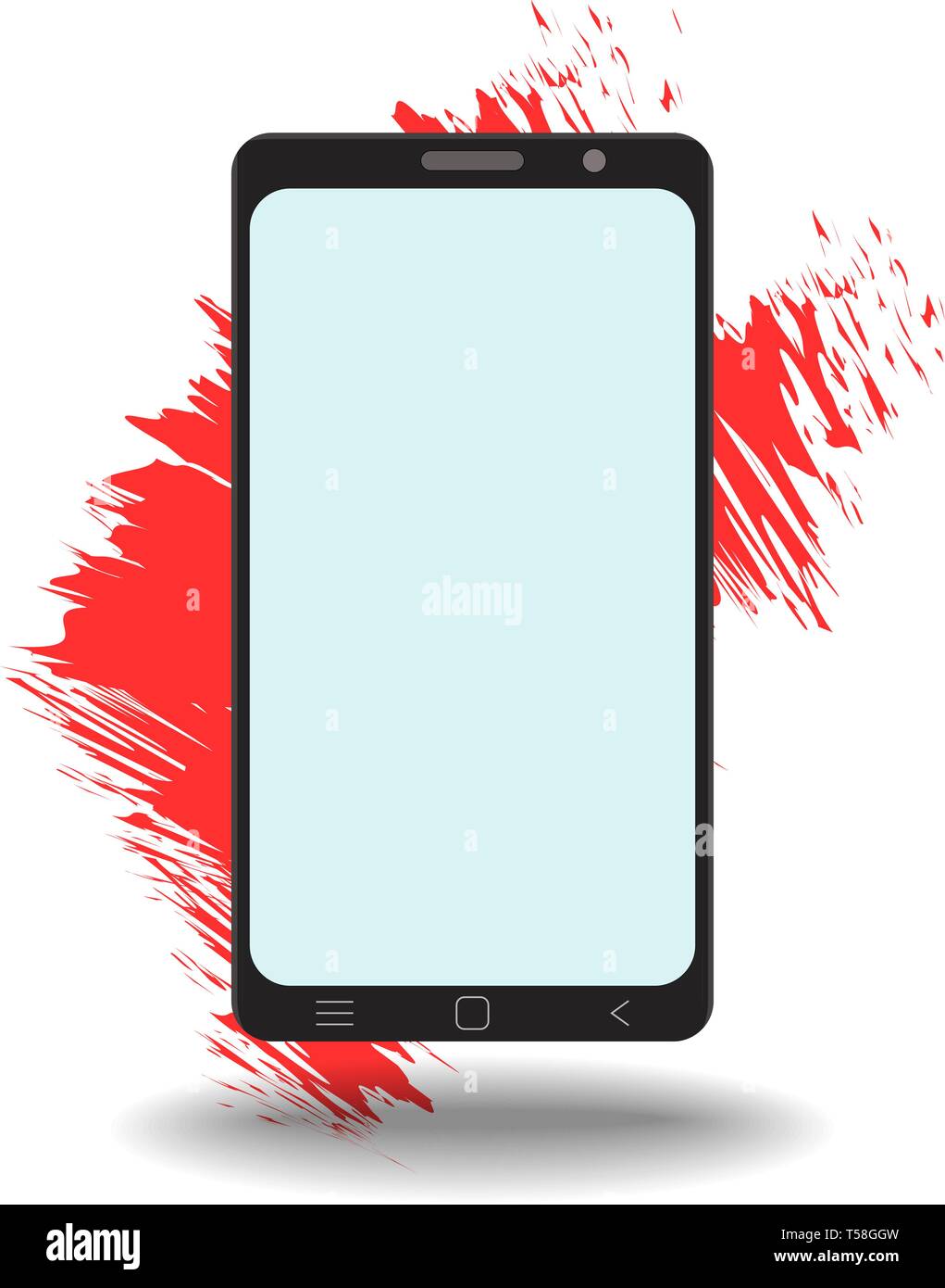 Smart phone with blank screen on white background. Shadow and colored brush spot. Technological device vertical portrait template. Simple mockup vecto Stock Vector