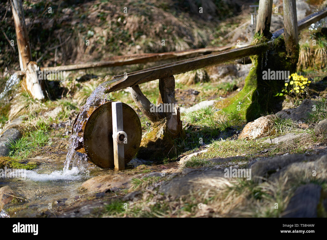 Small water whell with a pond in the forest Stock Photo