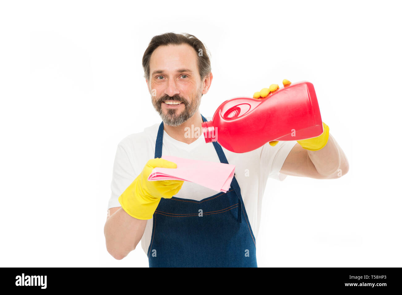 Today is washing day. Cleanup man pouring washing gel on wiper
