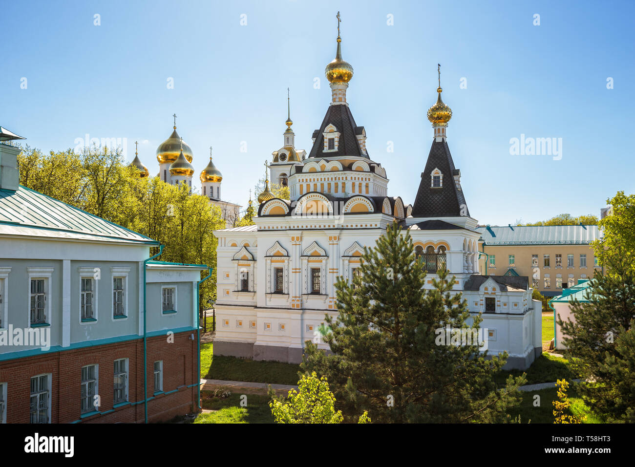 Two ancient temples Elizabethan Church and Assumption Cathedral in Kremlin of Dmitrov city, Moscow Region, Russia Stock Photo