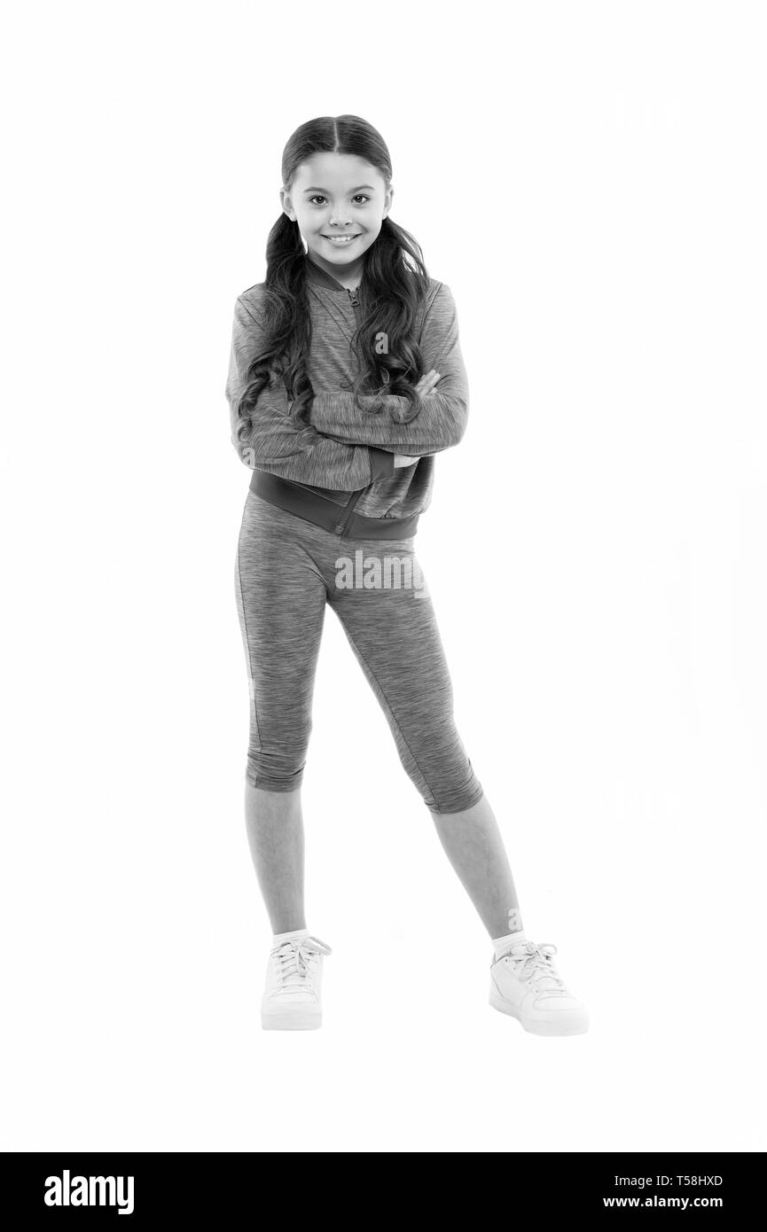 Girl Cute Kid With Long Ponytails Wear Sportive Costume Isolated