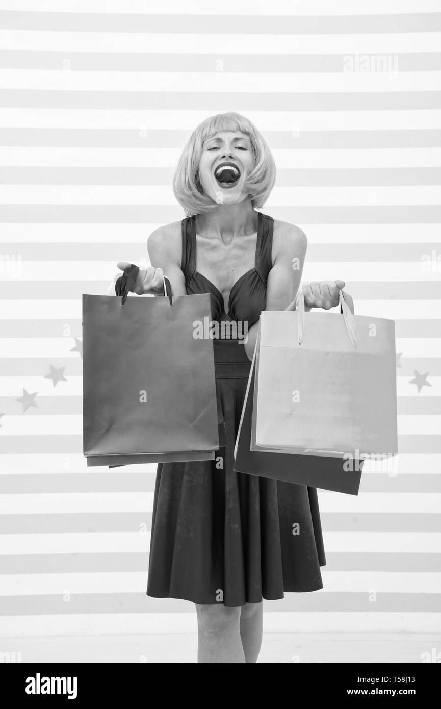 Fashion. Black Friday sales, copy space. Last preparations. big sale in shopping mall. Crazy girl with shopping bags. happy woman go shopping. Happy shopping online. Happy holidays. Heavy bags. Stock Photo