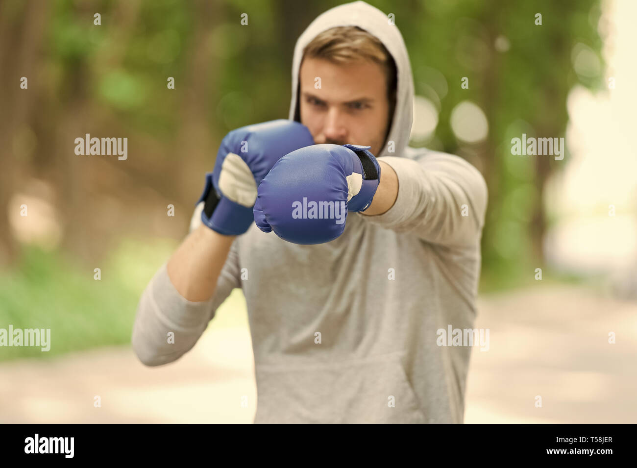 Sportsman concentrated training boxing gloves. Athlete concentrated