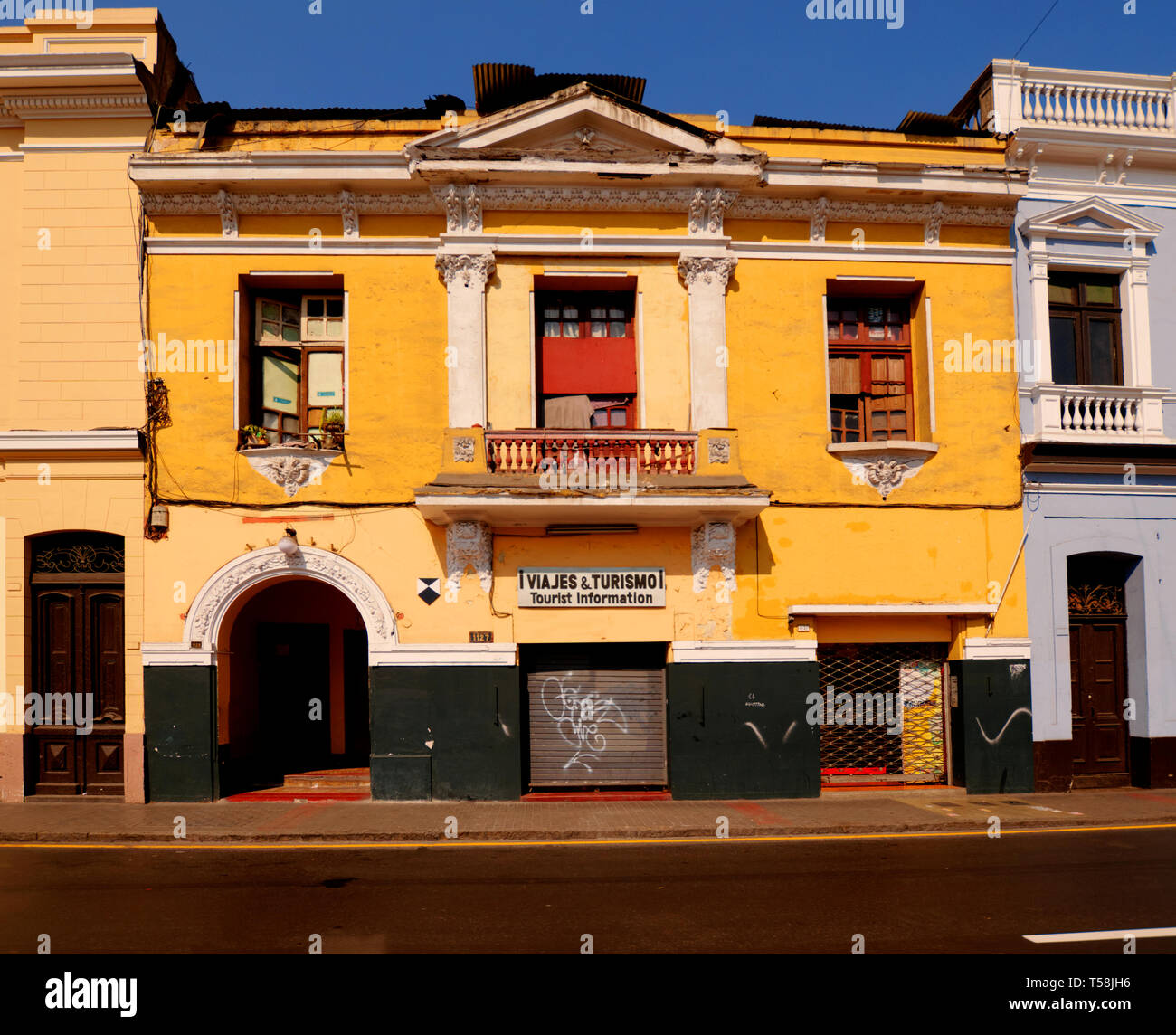 Lima, Peru - April 22, 2018: Old and Dilapidated Tourist Information Building in Lima Peru Stock Photo