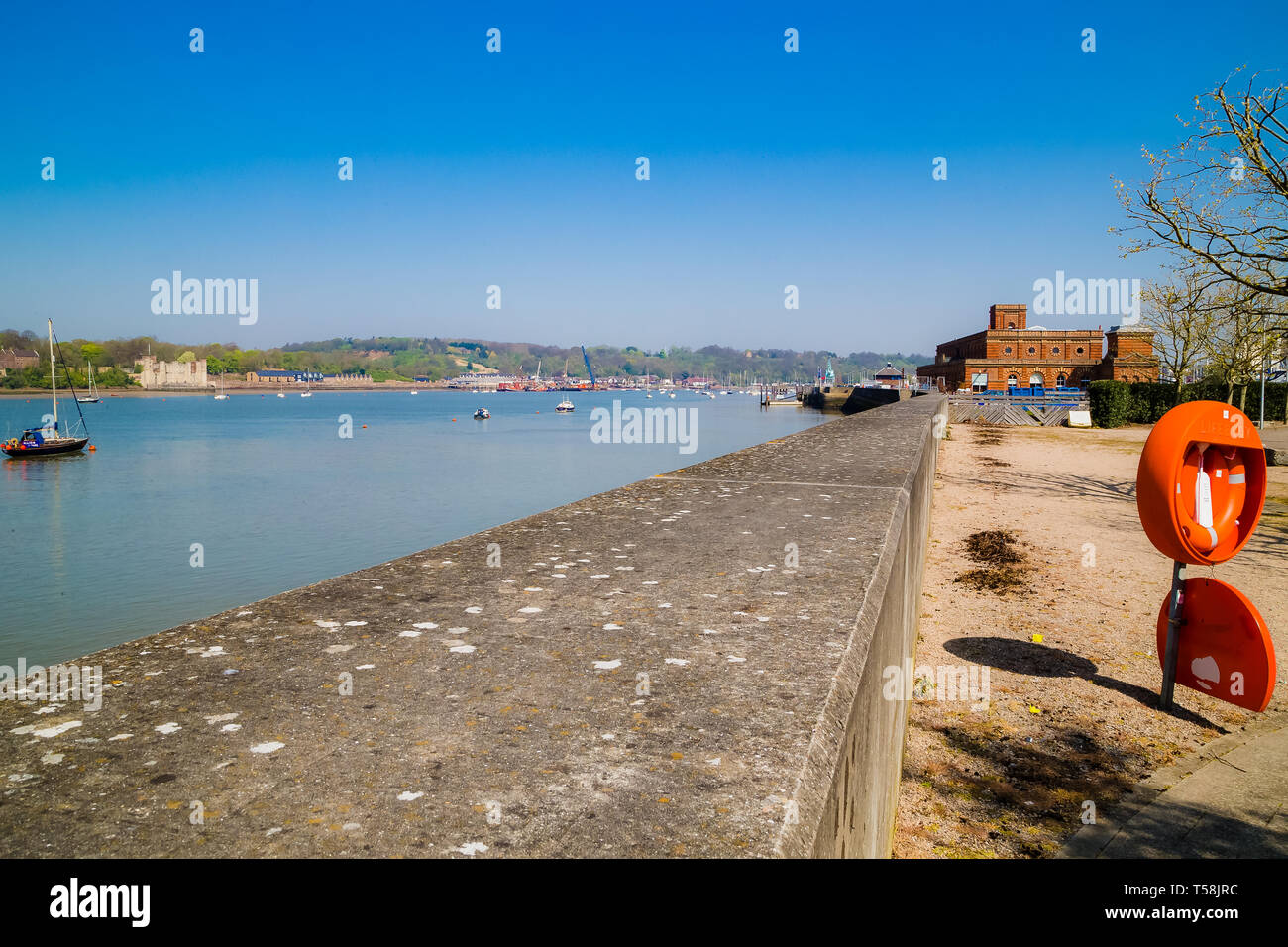 Upnor, Kent. UK. A view over the River Medway looking towards Upnor and the castle. The Copper Rivet Distillery can be seen. Stock Photo