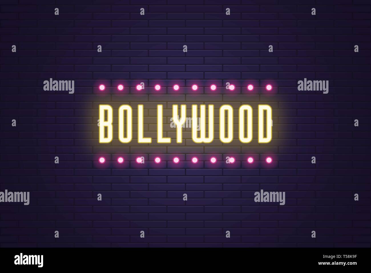 Neon composition of headline Bollywood. Vector illustration of glowing Neon text Bollywood with Lamp frame. Bright digital signboard for Indian Cinema Stock Vector