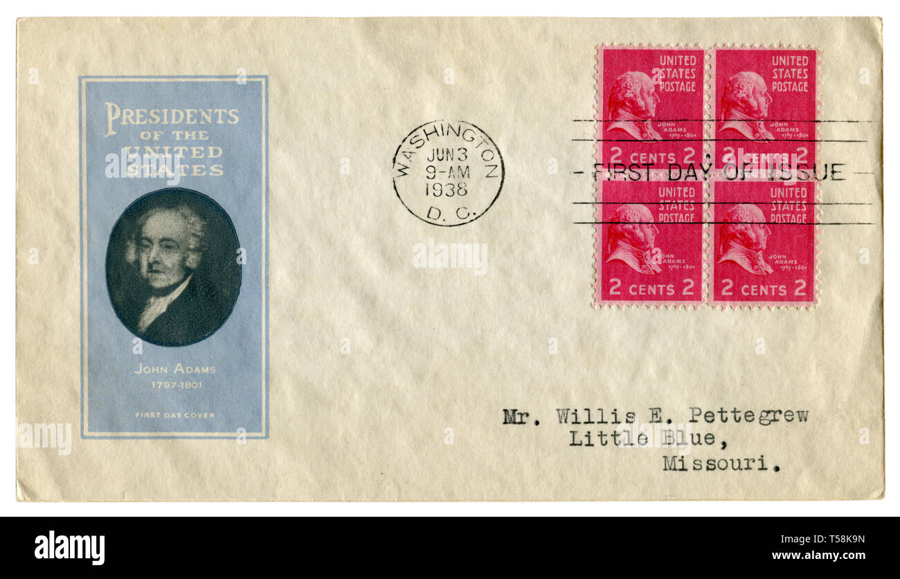 US historical envelope: cover with cachet President of the United States John Adams 1797-1801, four red postage stamps two cents,  cancellation 1938 Stock Photo