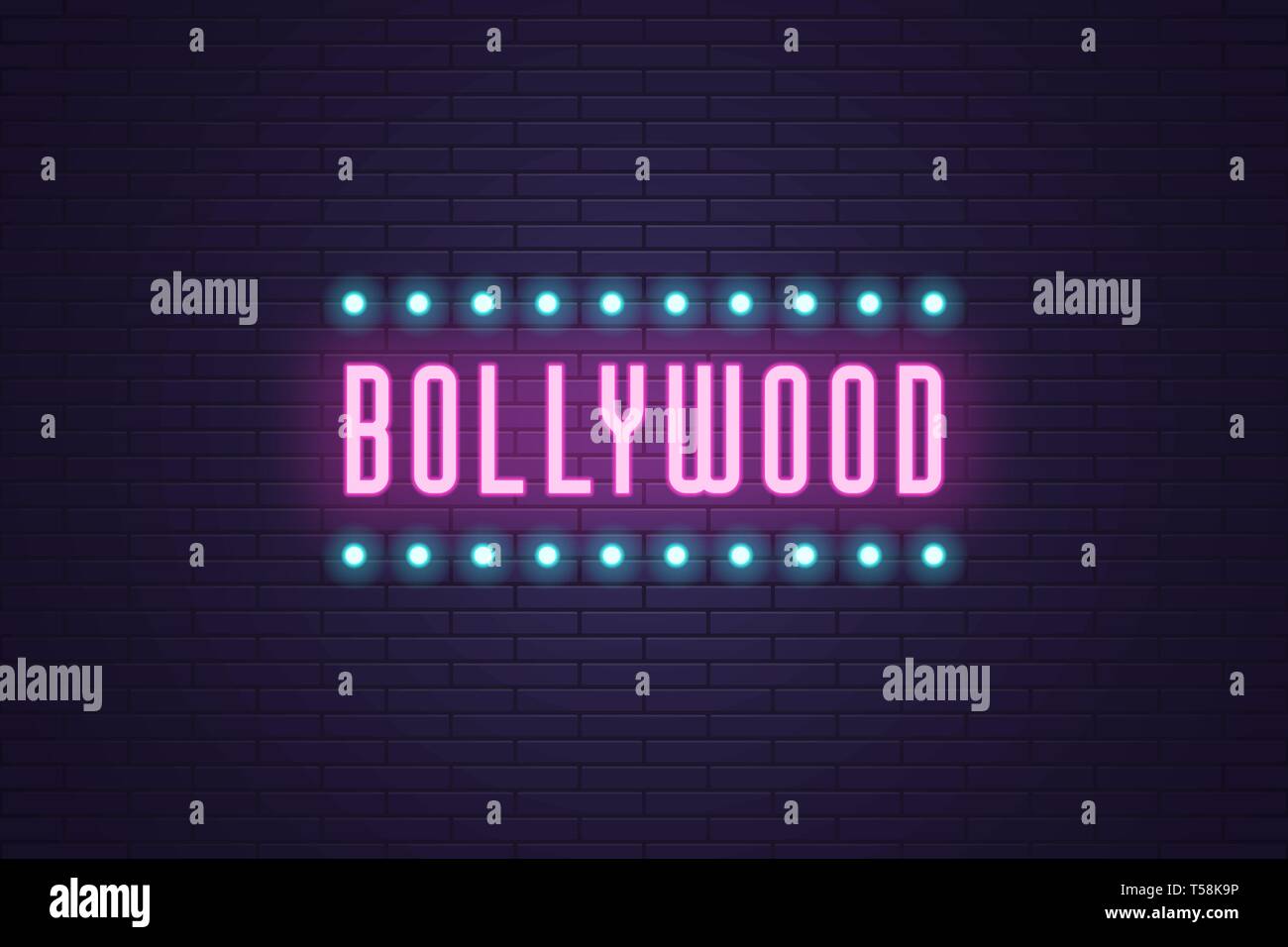 Neon composition of headline Bollywood. Vector illustration of glowing Neon text Bollywood with Lamp frame. Bright digital signboard for Indian Cinema Stock Vector