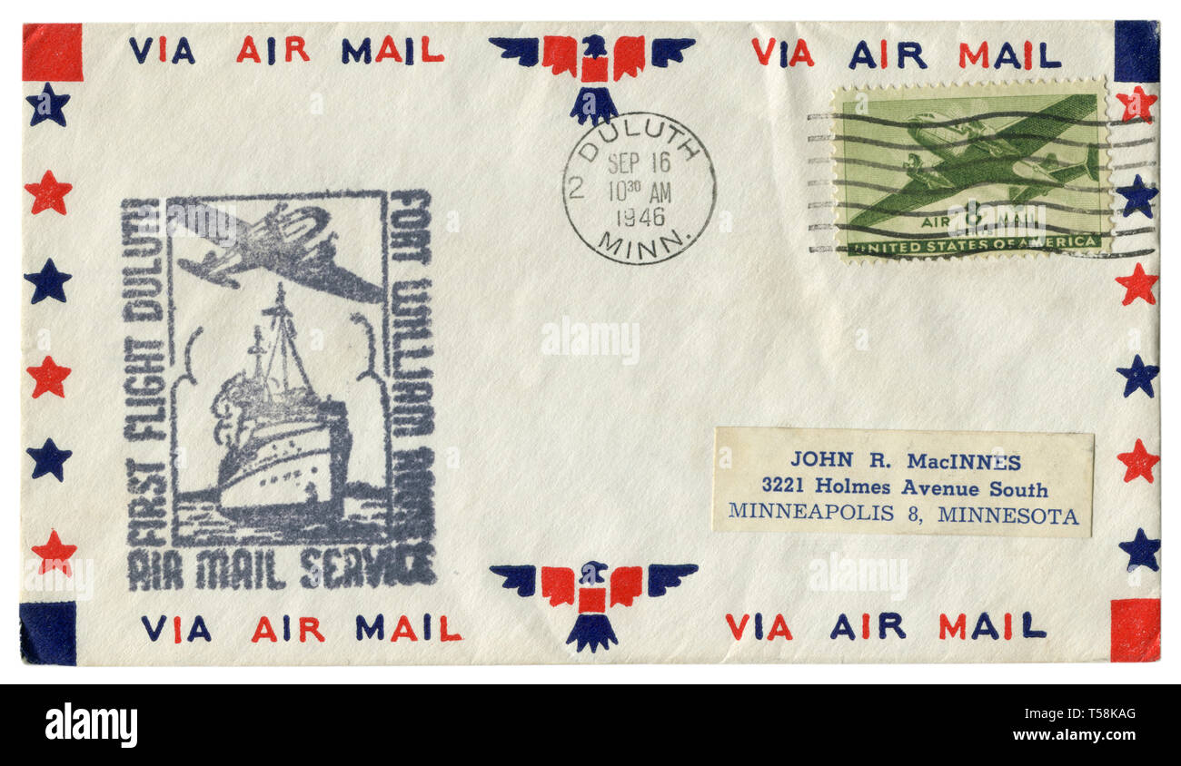 US historical envelope: cover with cachet first flight duluth Fort William route and green postage stamp Air mail 8 cents,  postal cancellation, 1946 Stock Photo