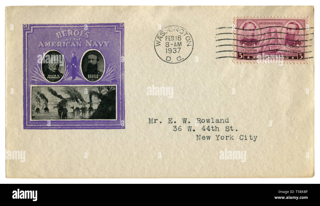 US historical envelope: cover with cachet Heroes of the American Navy, David Farragut and  David Dixon Porter, postage stamp three cents, cancel, 1937 Stock Photo