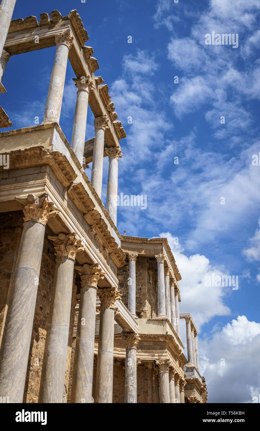 Scaenae frons of the Antique Roman Theatre in Merida, Spain. Stock Photo