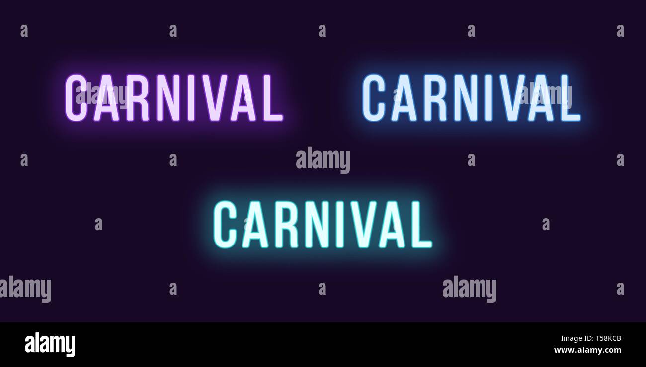 Neon icon set of Carnival word. Vector illustration of glowing Neon text Carnival. Isolated digital collection of signs, symbols for Entertainment ind Stock Vector