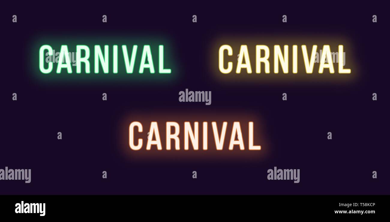 Neon icon set of Carnival word. Vector illustration of glowing Neon text Carnival. Isolated digital collection of signs, symbols for Entertainment ind Stock Vector