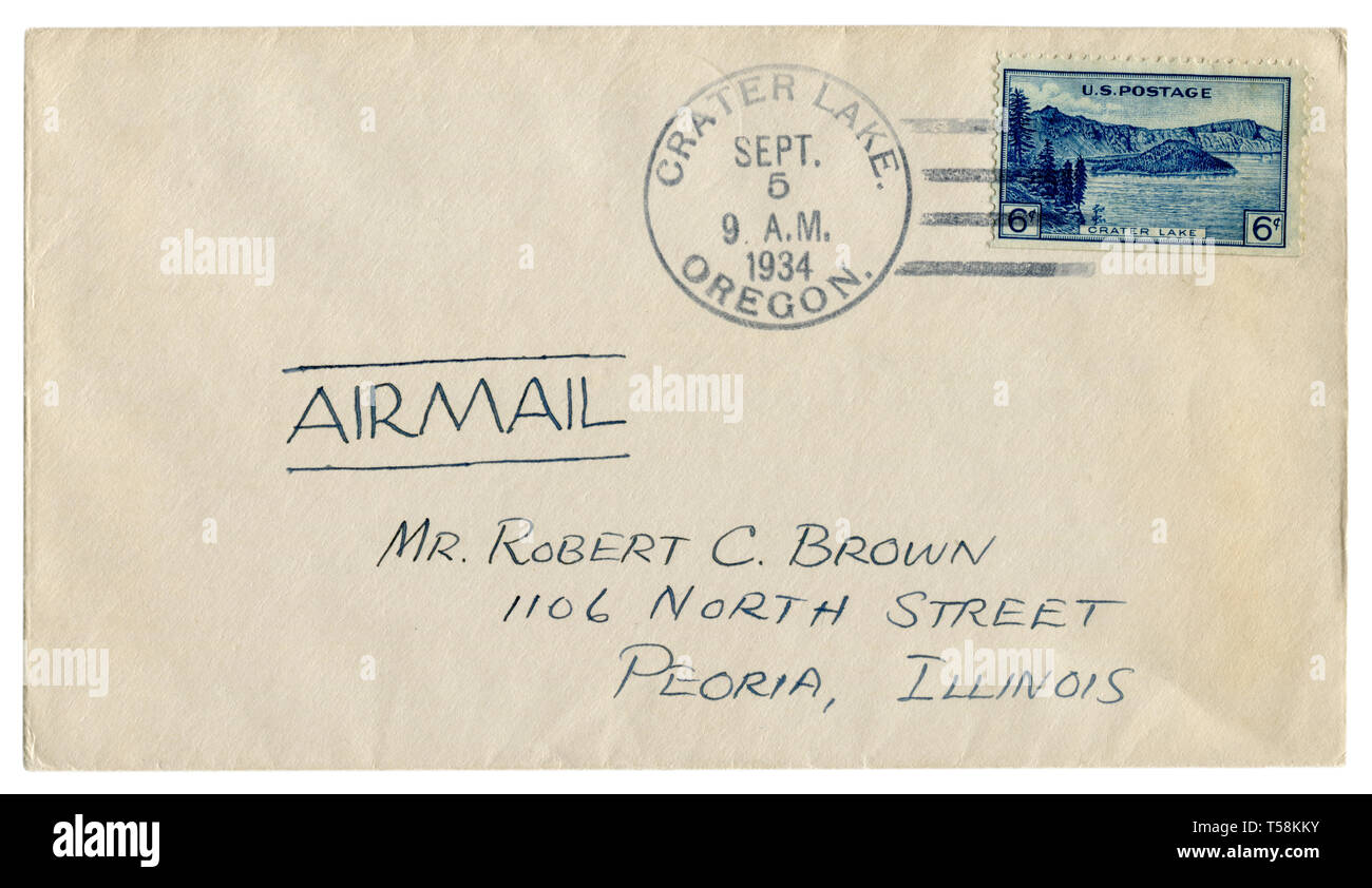 us historical envelope cover with blue postage stamp panoramic view of wizard island postal cancellation ink inscription airmail 5 sep 1934 T58KKY