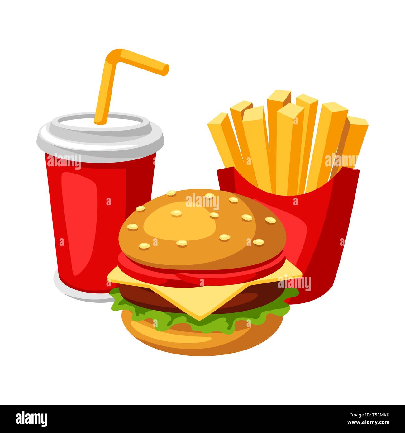 Illustration with fast food meal. Soda, fries and burger Stock Vector