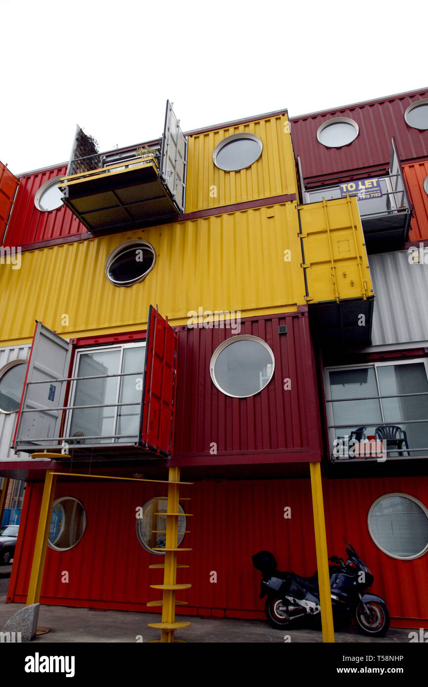 Container City in East London's Trinity Buoy Wharf apartments by using recycled old shipping