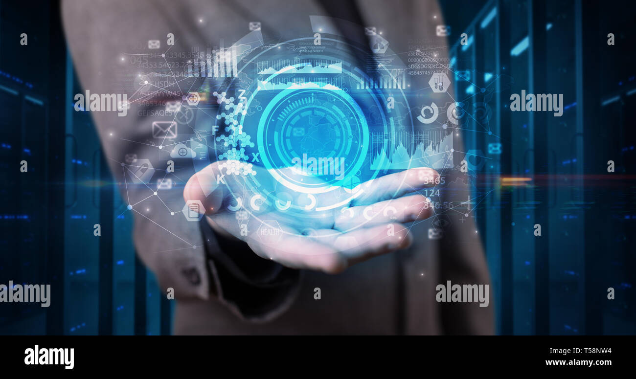Man holding hologram projection displaying biometric security concept  Stock Photo