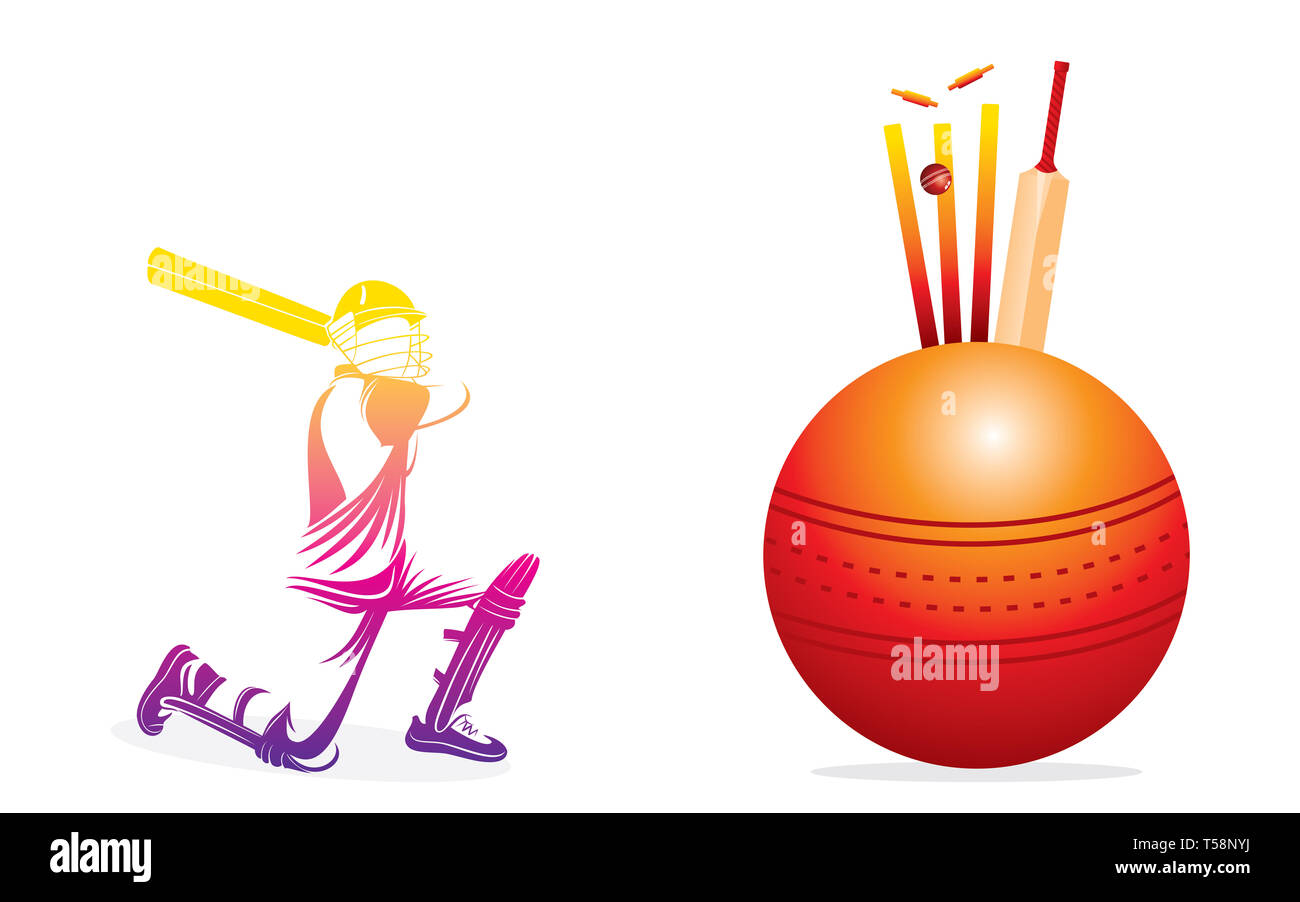 cricket player hitting big shot poster design, write your comment or advertise text place on big ball Stock Photo