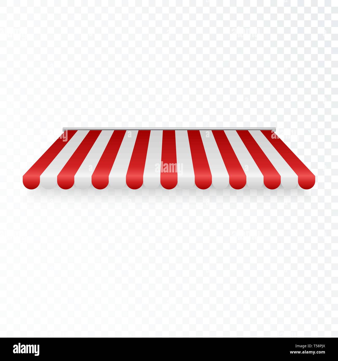 Outdoor awning. Striped tent or textile roof for retail shop. Red and white sunshade. Vector illustration Stock Vector