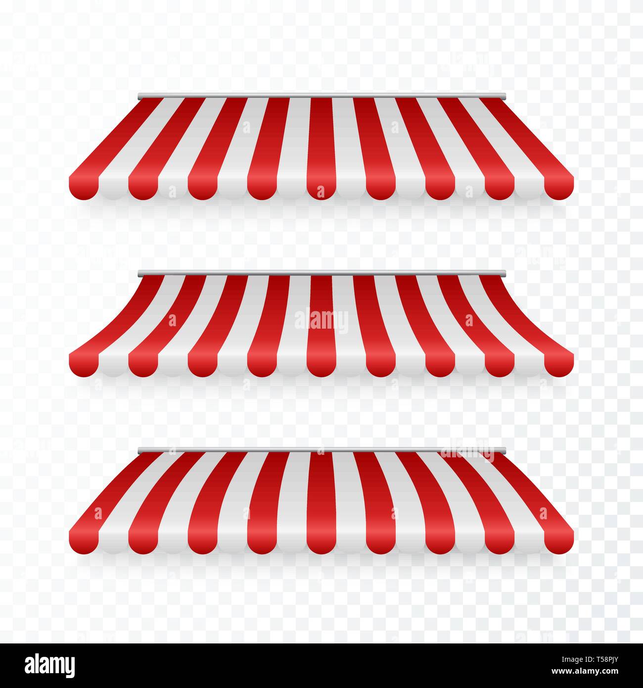 Awning set with shadows. Marketplace striped roof. Vector illustration Stock Vector