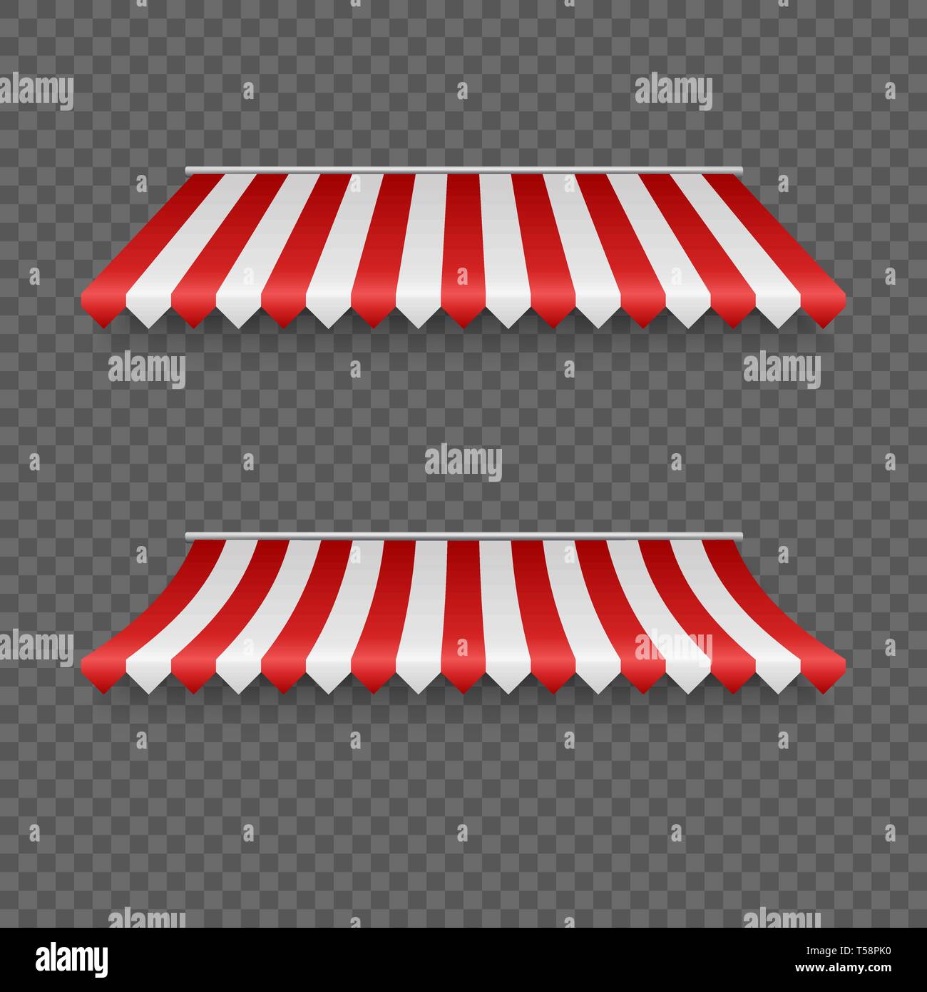 Outdoor awnings. Striped tents or textile roof for marketplace. Red and white sunshade. Vector illustration Stock Vector
