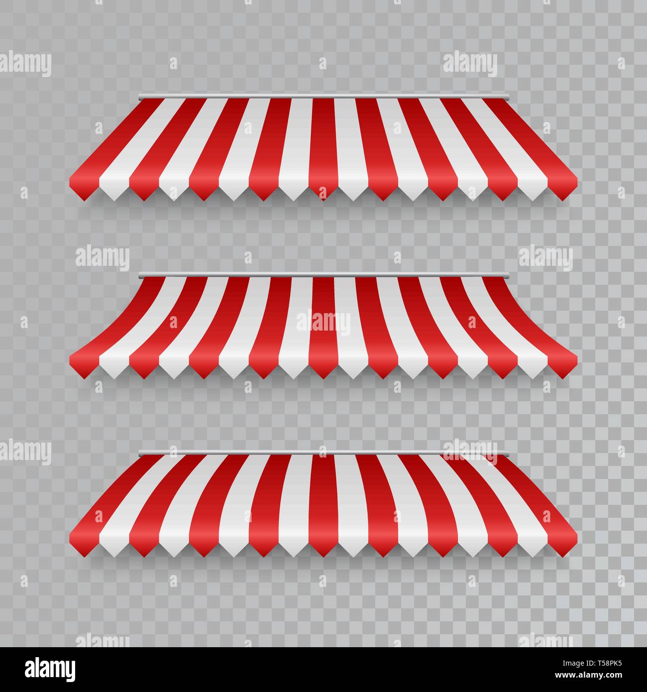 Marketplace striped roof. Awning set with shadows. Vector illustration isolated on transparent background Stock Vector
