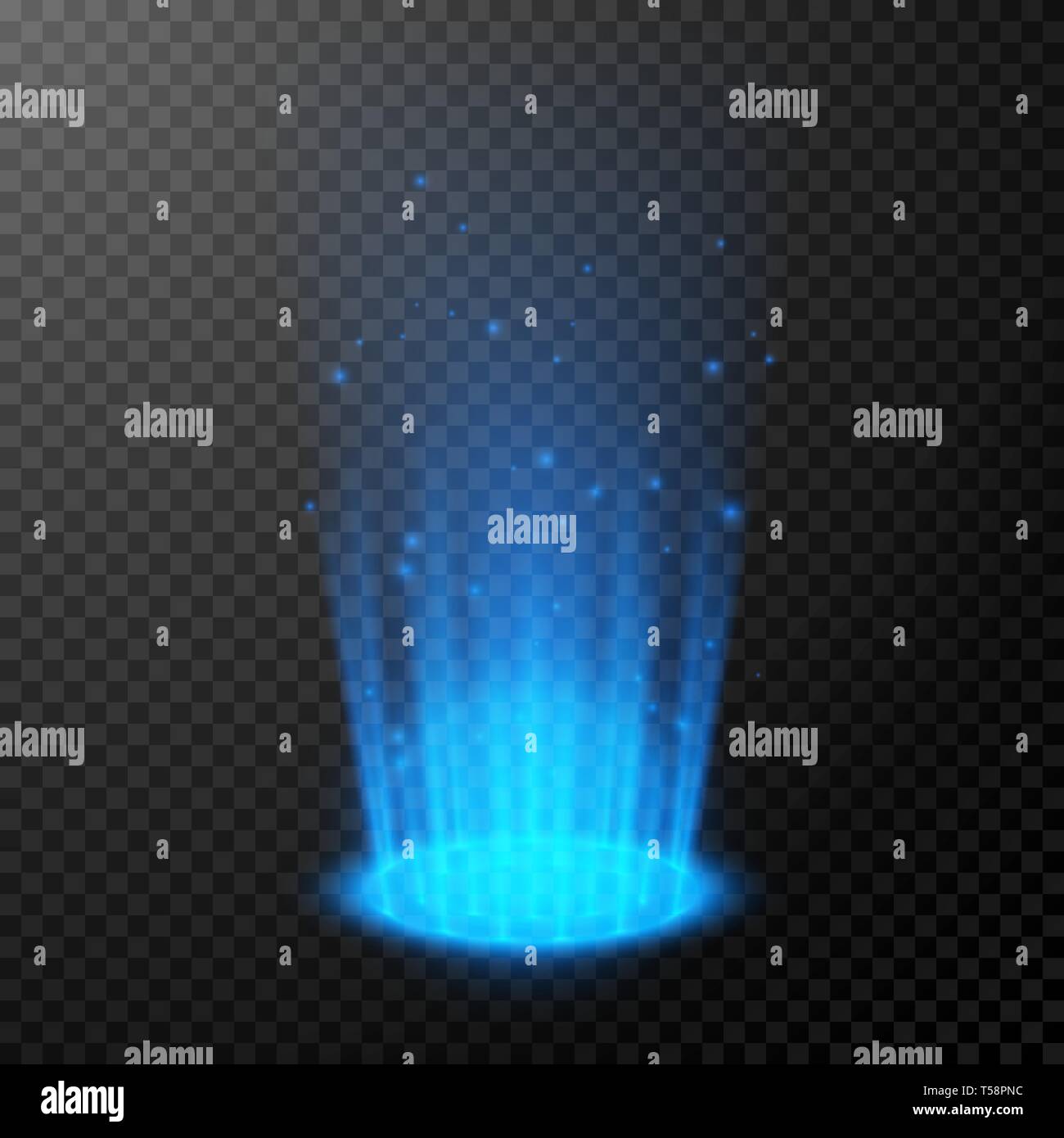 Round blue glow rays. Empty light effect podium. Night scene with sparks. Magic fantasy portal. Futuristic teleport. Vector illustration isolated on t Stock Vector