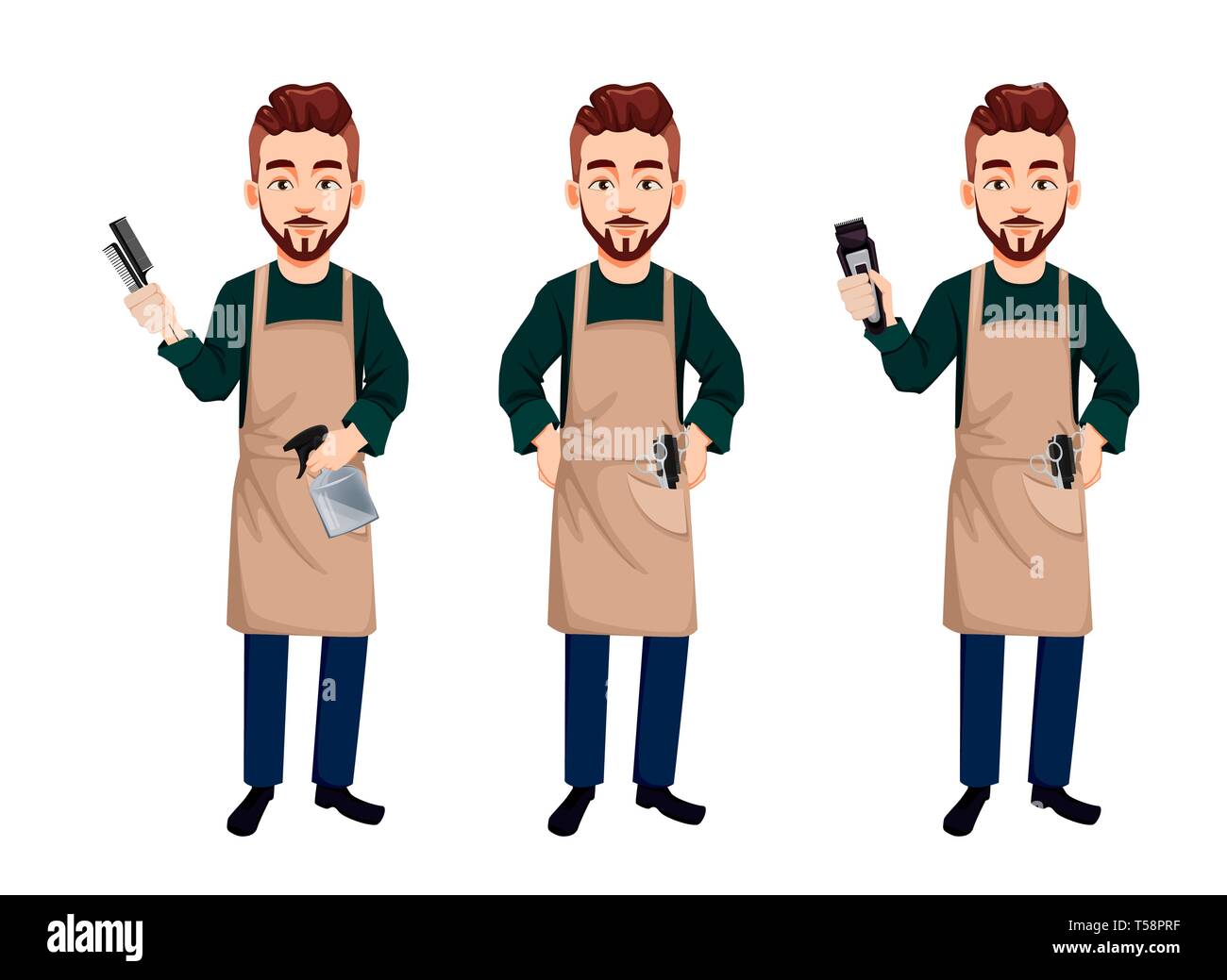 Master Barber Set Of Three Poses Handsome Cartoon Character