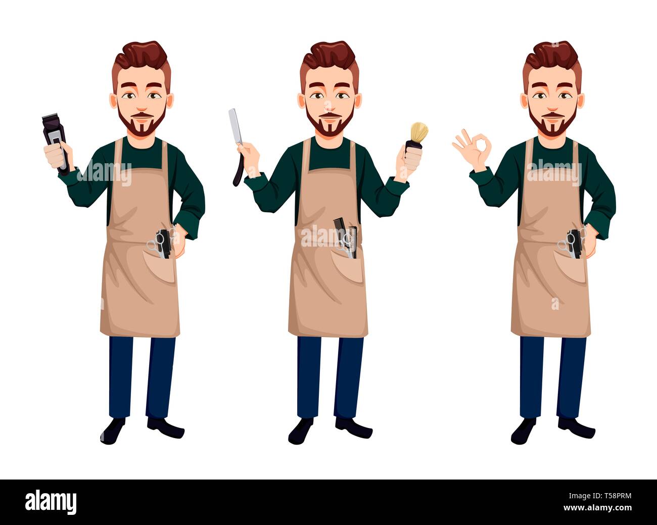 Master barber, set of three poses. Handsome cartoon character holds ...
