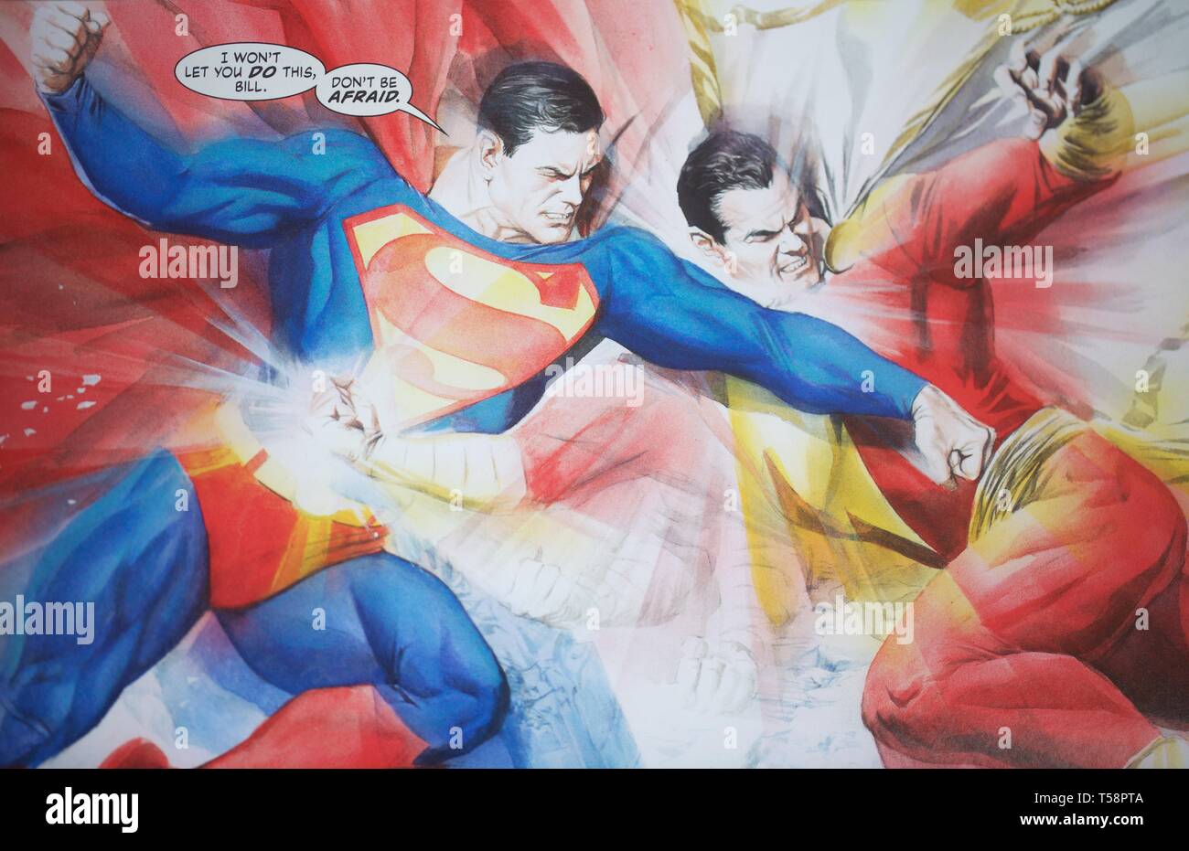 Shazam fighting superman, comic character published by DC Comics Stock Photo