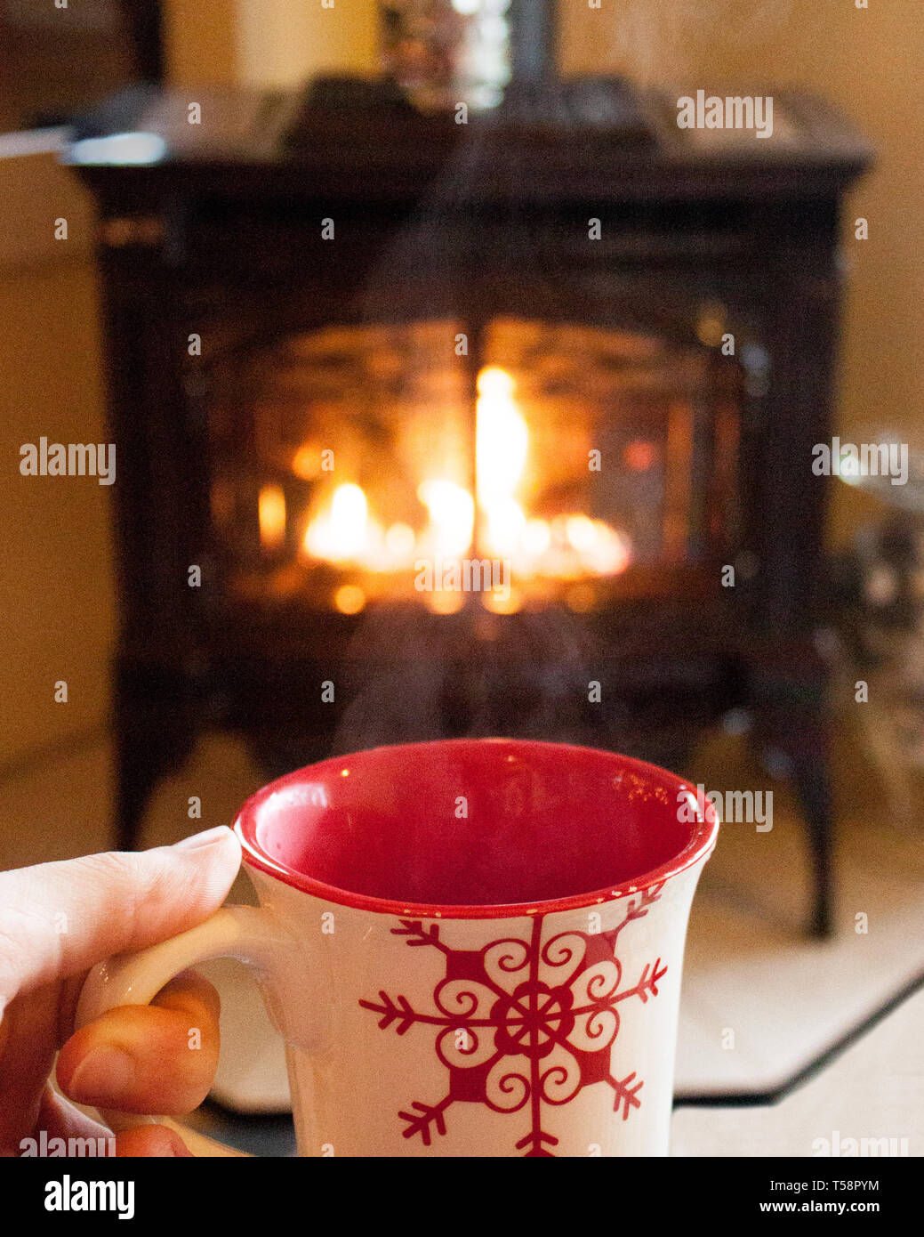 Warm mug of hot cocoa and fireplace heat in the winter season Stock Photo