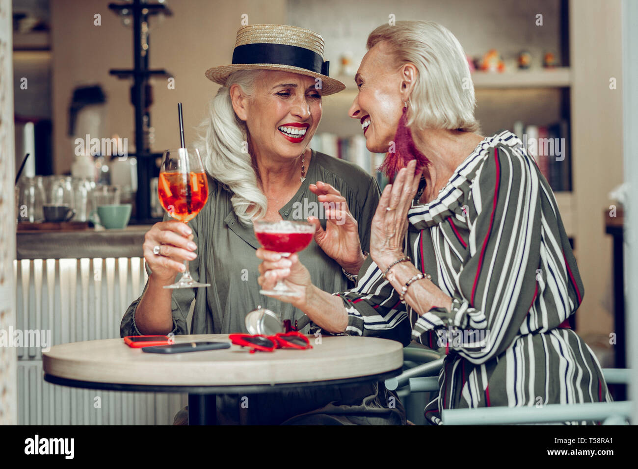 Delighted nice women having a pleasant conversation Stock Photo