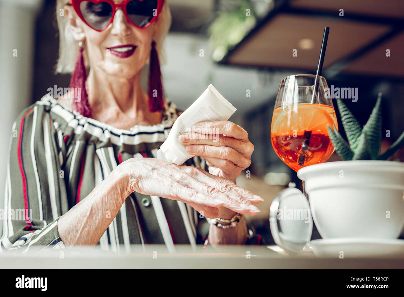 Selective focus of a nice aged womans hand Stock Photo