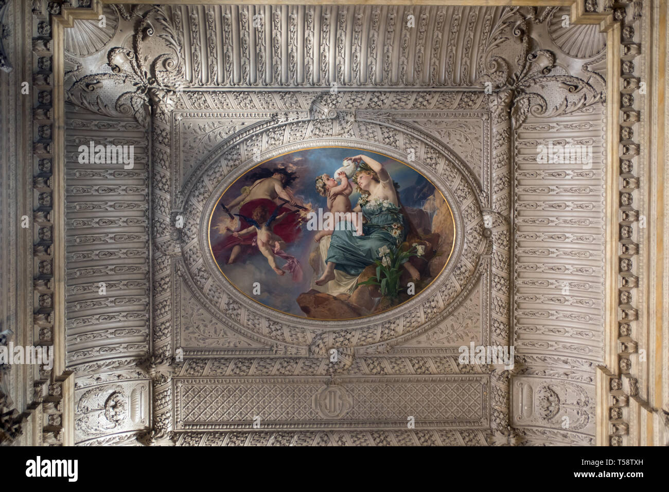 Julius Kronberg's plafond depicting Aurora, goddess of dawn, overcoming Luna, goddess of the night, in the Western Staircase of Stockholm Royal Palace Stock Photo