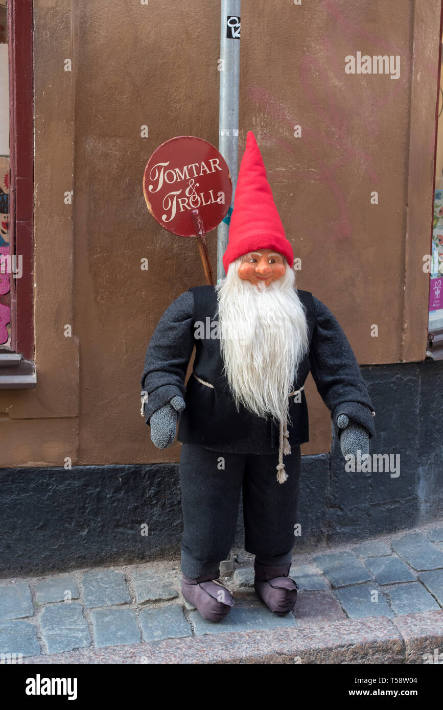 A Swedish Tomte advertising Tomtar & Troll a shop offering Tomtar and Troll dolls based on creatures from ancient Scandinavian and Swedish fairy tales Stock Photo