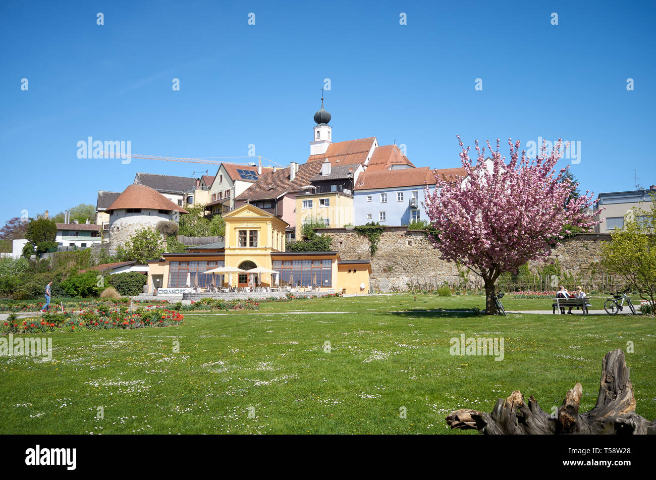 The beautiful Austrian town Scharding at the river Inn Stock Photo