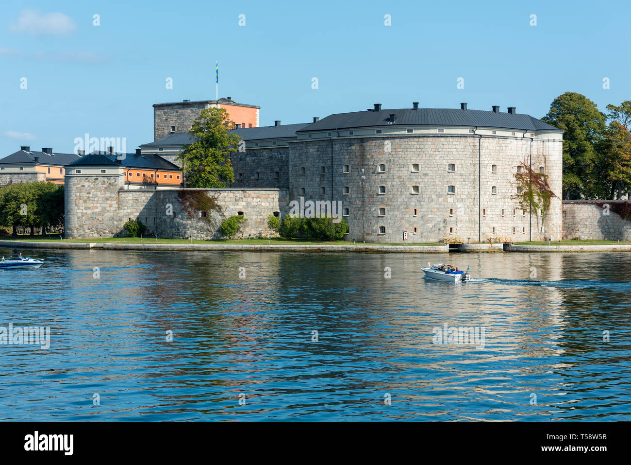Vaxholm Castle, overlooking the entrance to Stegesund channel, was completed in 1863. The citadel's role as a fortress came to an end 9 years later. Stock Photo